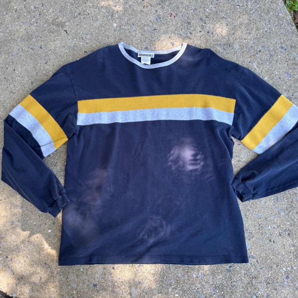 Vtg Aeropostale Y2K Striped Long Sleeve Shirt Navy Blue Yellow XL Made in USA